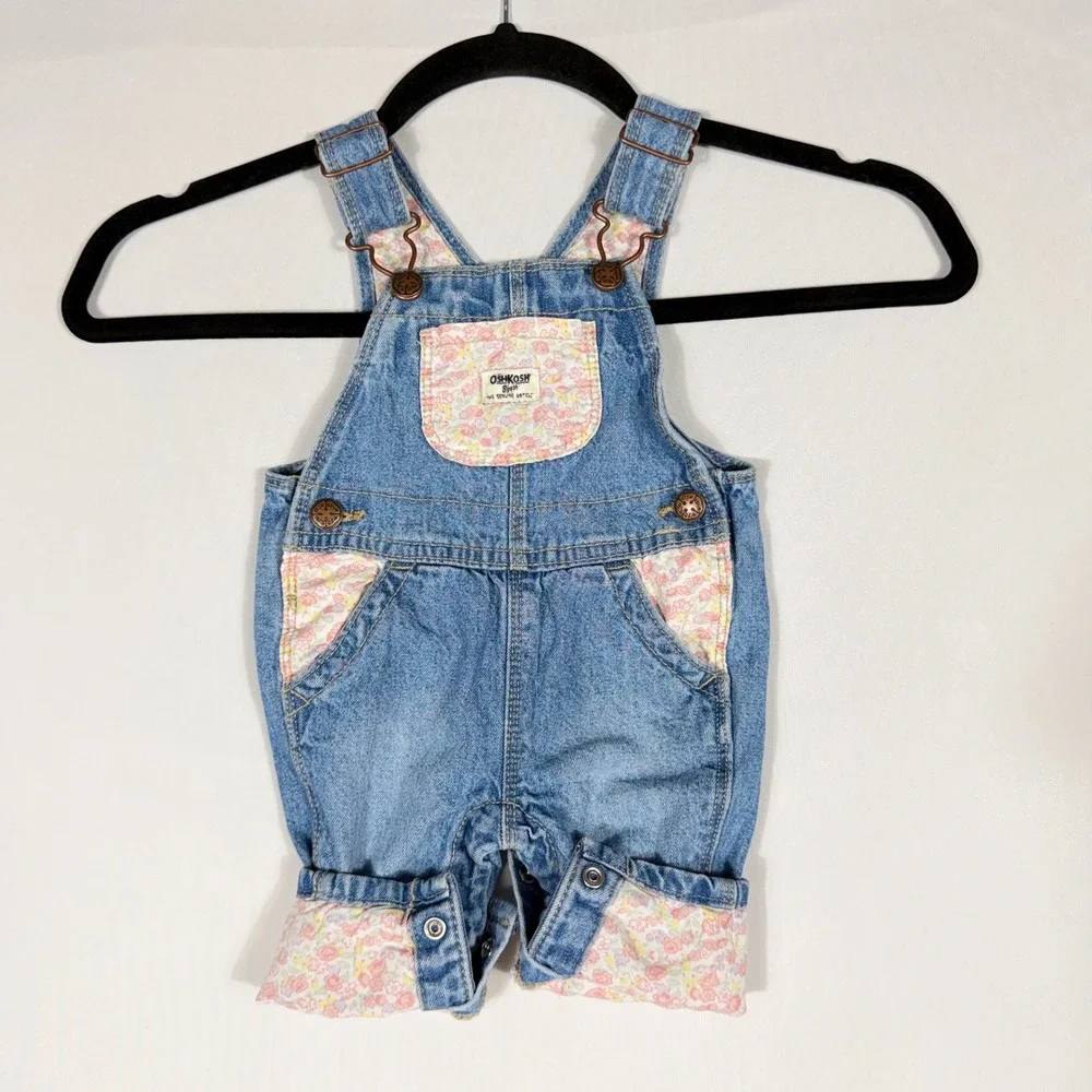 OshKosh Bgosh Baby Girl Floral Denim Overalls 3M Pink Blue Vestbank Bib RARE HTF